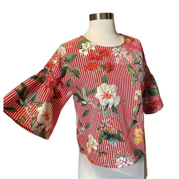 Zara - Floral Stipe V Back with Tie - Flare Sleeve Top sz XS - Picture 3 of 8